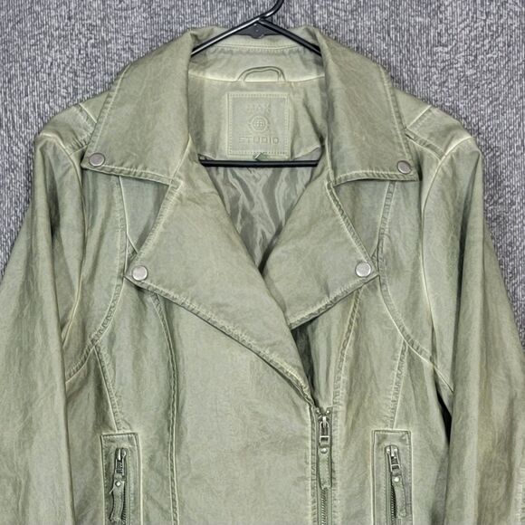 Max Studio Jacket Womens Large Sage Olive Green Vegan Faux Leather Moto Crop - Picture 2 of 13